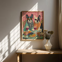 French Bulldogs Wine Party Wall Art Print, Quirky Animal Retro Dining Room Kitchen Decor