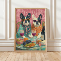 French Bulldogs Wine Party Wall Art Print, Quirky Animal Retro Dining Room Kitchen Decor