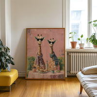 Giraffes Wine Party Wall Art Print, Quirky Animal Poster, Retro Dining Room Kitchen Decor