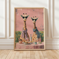 Giraffes Wine Party Wall Art Print, Quirky Animal Poster, Retro Dining Room Kitchen Decor
