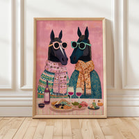 Horses Wine Party Wall Art Print, Quirky Animal Poster, Retro Dining Room Kitchen Decor