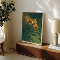 Tiger Swimming Wall Art, Japandi Print, Green Water Nature Japanese Landscape Painting Home Decor