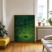 Green Abstract Boat Wall Art, Japanese Minimalist Ocean Painting, Japandi Zen Landscape Print Decor
