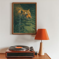 Tiger Swimming Wall Art, Japandi Print, Green Water Nature Japanese Landscape Painting Home Decor
