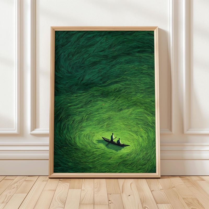 Green Abstract Boat Wall Art, Japanese Minimalist Ocean Painting, Japandi Zen Landscape Print Decor