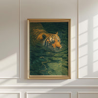Tiger Swimming Wall Art, Japandi Print, Green Water Nature Japanese Landscape Painting Home Decor