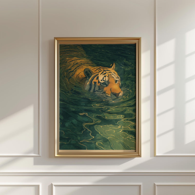 Tiger Swimming Wall Art, Japandi Print, Green Water Nature Japanese Landscape Painting Home Decor