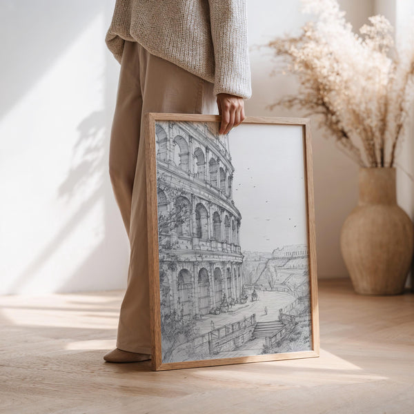 Colosseum Sketch Wall Art, Architectural Minimalist Line Drawing Rome Travel Home Decor Print