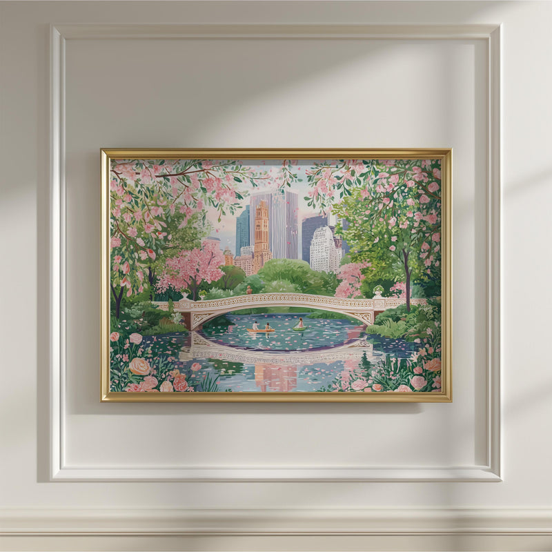 Central Park Spring Wall Art, New York Bow Bridge Cherry Blossom Floral Print Painting