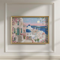 Santorini Spring Wall Art, Cherry Blossom Floral Travel Gift Decor Large Print Painting
