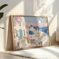 Santorini Spring Wall Art, Cherry Blossom Floral Travel Gift Decor Large Print Painting