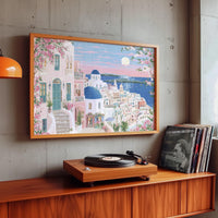 Santorini Spring Wall Art, Cherry Blossom Floral Travel Gift Decor Large Print Painting