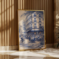 Paris Cafe Sketch Wall Art, French Cityscape, Corner Street Blue Minimalist Architecture Print