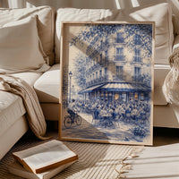 Paris Cafe Sketch Wall Art, French Cityscape, Corner Street Blue Minimalist Architecture Print