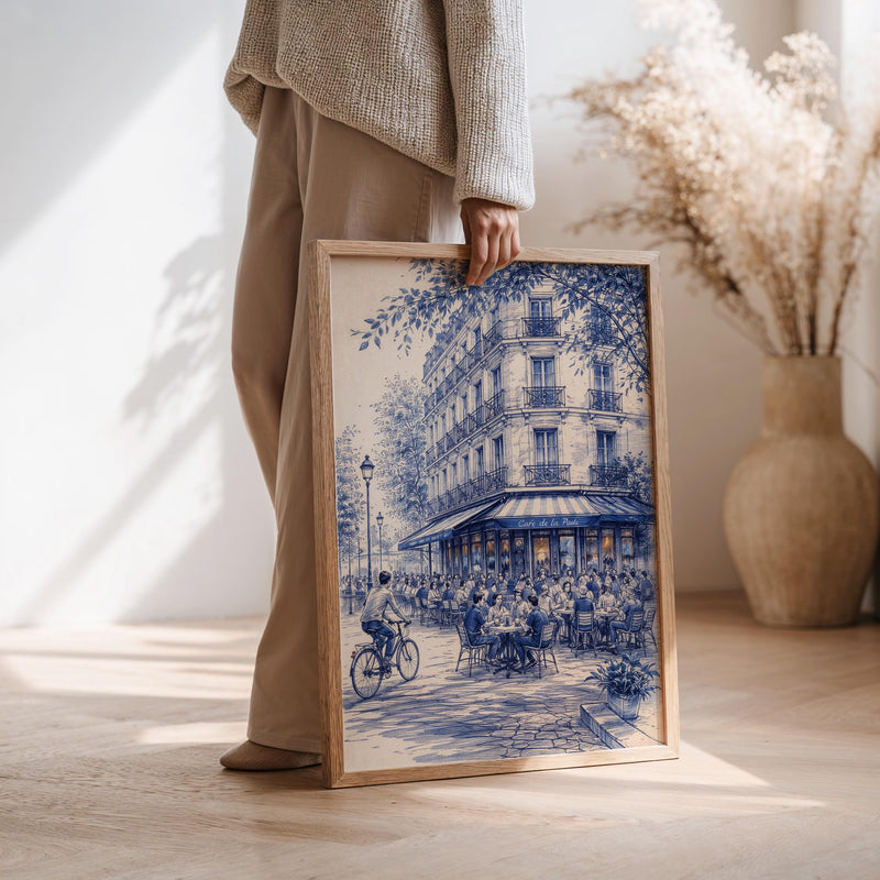Paris Cafe Sketch Wall Art, French Cityscape, Corner Street Blue Minimalist Architecture Print