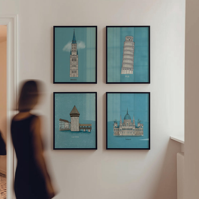 Custom Minimal City Blue Wall Art, Set of 4 Prints Frames