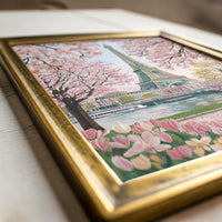 Paris Cherry Blossom Wall Art, Floral Spring Painting Travel Gift Decor Large Print