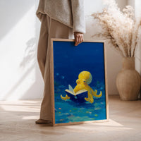Cute Octopus Reading Wall Art Print, Whimsical Ocean Animal Painting, Library Kids Nursery Decor