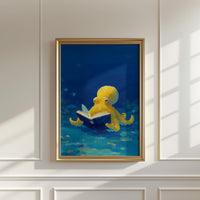 Cute Octopus Reading Wall Art Print, Whimsical Ocean Animal Painting, Library Kids Nursery Decor