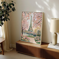 Paris Cherry Blossom Wall Art, Floral Spring Painting Travel Gift Decor Large Print