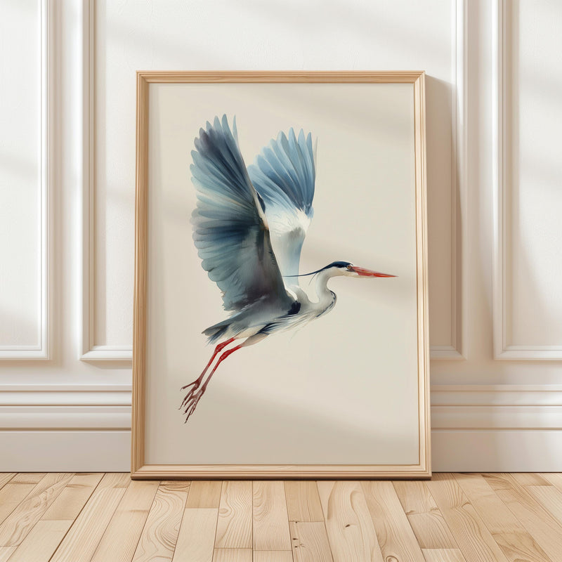 Flying Heron Wall Art, Japanese Bird Watercolor Painting Print, Scandinavian Neutral Minimalist Japandi Decor