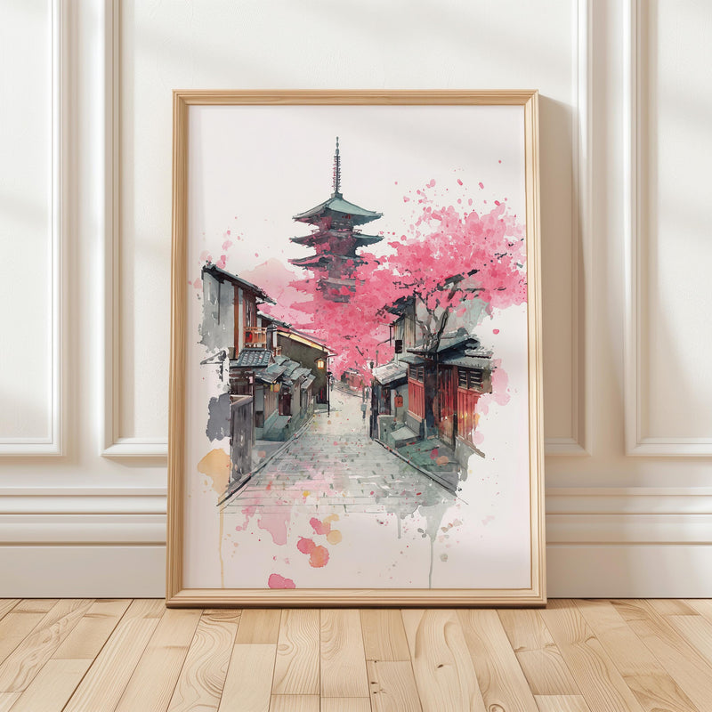 Kyoto Cherry Blossom Wall Art , Japanese Watercolor Painting Print, Japan Pagoda Travel Decor