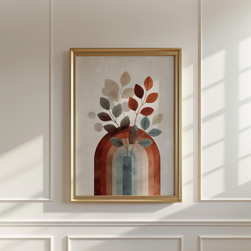 Boho Rainbow Arch Wall Art, Scandinavian Terracotta Botanical Leaf Print, Japandi Decor