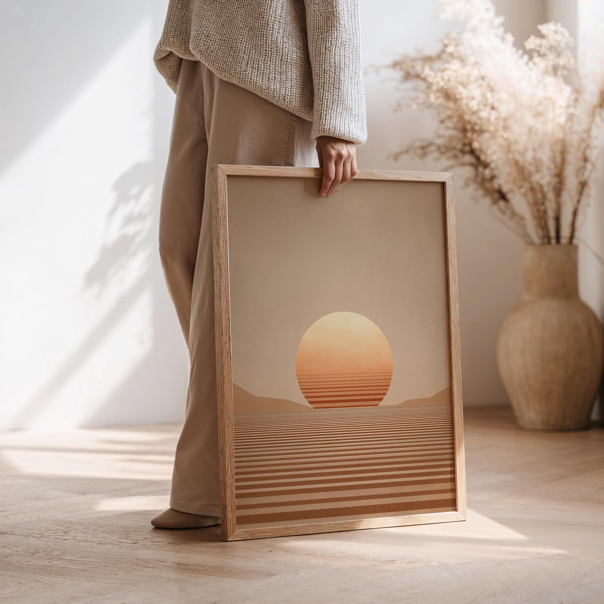 Minimalist Desert Sunset Wall Art, Scandinavian Abstract Landscape Print, Japandi Neutral Decor