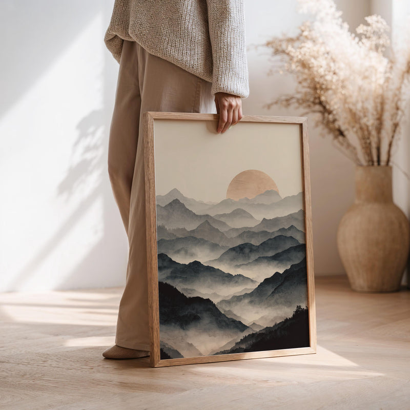 Misty Mountain Sunset Landscape Wall Art Print, Scandinavian Nature Landscape Japandi Decor