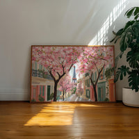 Paris Spring Wall Art, Cherry Blossom Floral Travel Gift Decor Large Print Painting