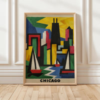 Chicago Abstract Cubist Wall Art, Modern Colorful Travel Decor Gift, Illinois Architecture City Print