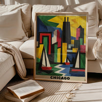 Chicago Abstract Cubist Wall Art, Modern Colorful Travel Decor Gift, Illinois Architecture City Print