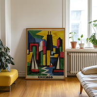 Chicago Abstract Cubist Wall Art, Modern Colorful Travel Decor Gift, Illinois Architecture City Print