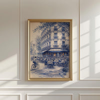 Paris Cafe Sketch Wall Art, French Cityscape, Corner Street Blue Minimalist Architecture Print