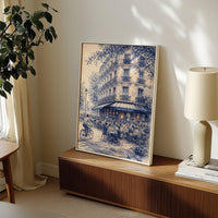 Paris Cafe Sketch Wall Art, French Cityscape, Corner Street Blue Minimalist Architecture Print