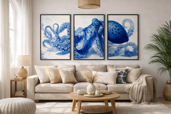 Octopus Triptych Wall art, Set of 3 Blue Minimal Ocean Kraken, Scandinavian Home Decor
