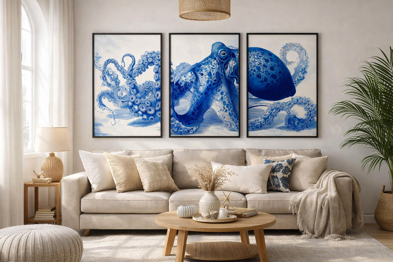 Octopus Triptych Wall art, Set of 3 Blue Minimal Ocean Kraken, Scandinavian Home Decor