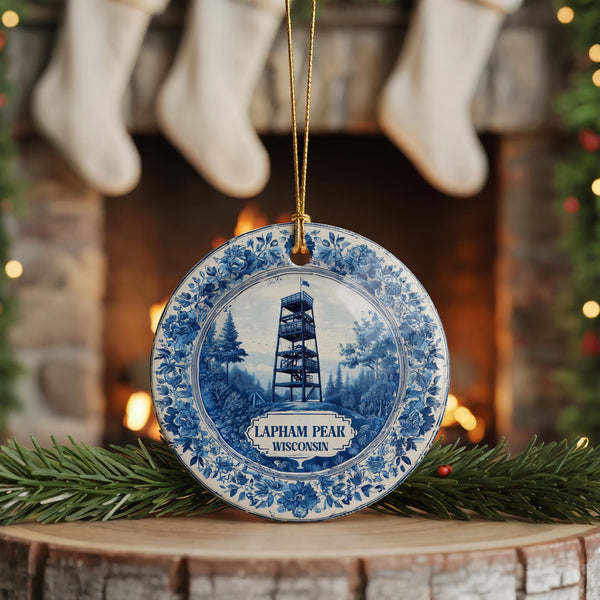 Custom Lapham Peak Ceramic Delft Ornament, Wisconsin Christmas Delftware Blue city travel