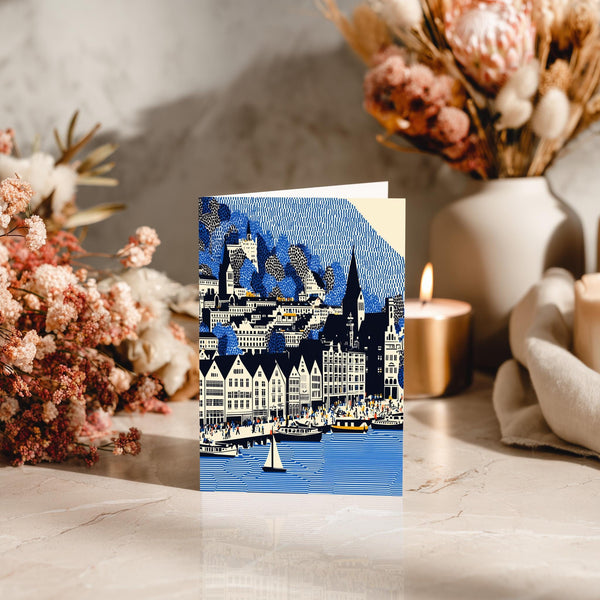Bergen Norway Greeting Card, Scandinavian Style Minimal Travel Illustration Blank Card Art Gift