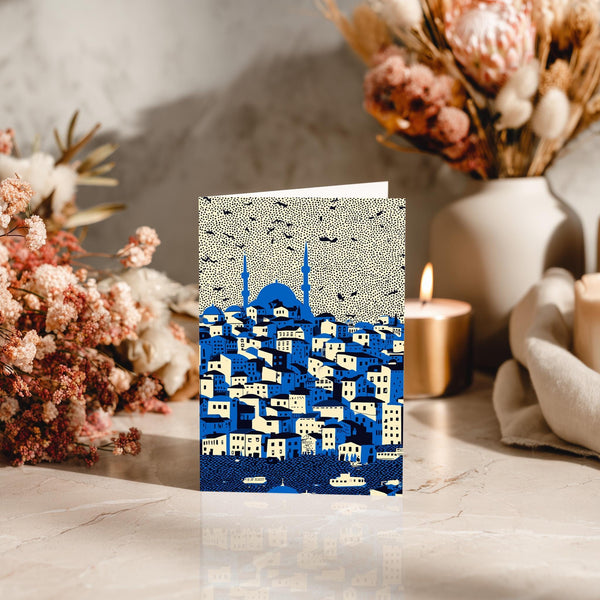 Istanbul Turkey Greeting Card, Scandinavian Style Blue Minimal Travel Illustration Blank Card Art Gift