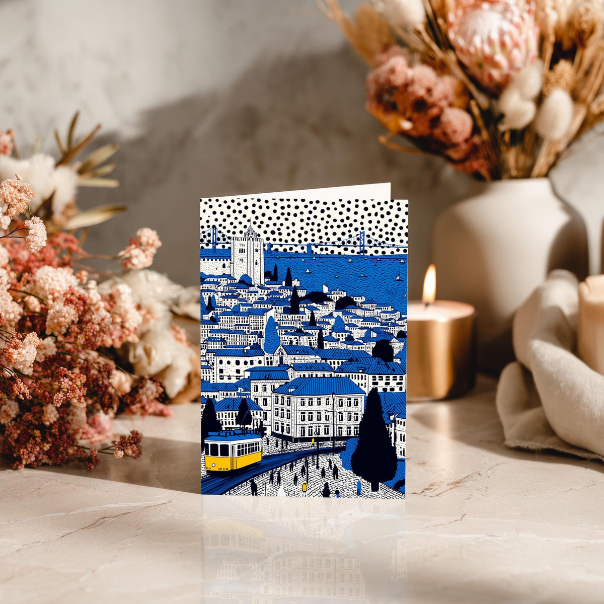 Lisbon Portugal Greeting Card, Scandinavian Style Minimal Travel Illustration Blank Card Art Gift