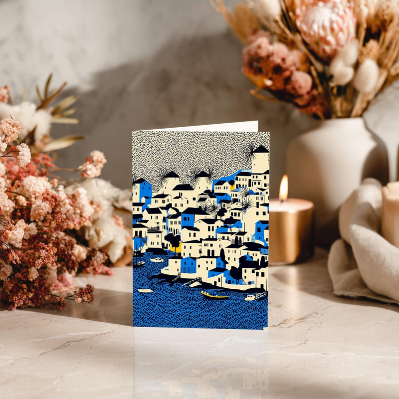 Mykonos Greece Greeting Card, Scandinavian Style Minimal Travel Illustration Blank Card Art Gift