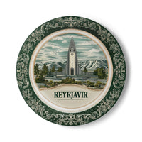 Reykjavik Green Ceramic Coaster, Scandinavian Iceland Delft style Travel Gift, Hallgrimskirkja Vintage Home Decor