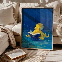 Cute Octopus Reading Wall Art Print, Whimsical Ocean Animal Painting, Library Kids Nursery Decor