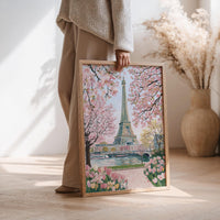 Paris Cherry Blossom Wall Art, Floral Spring Painting Travel Gift Decor Large Print