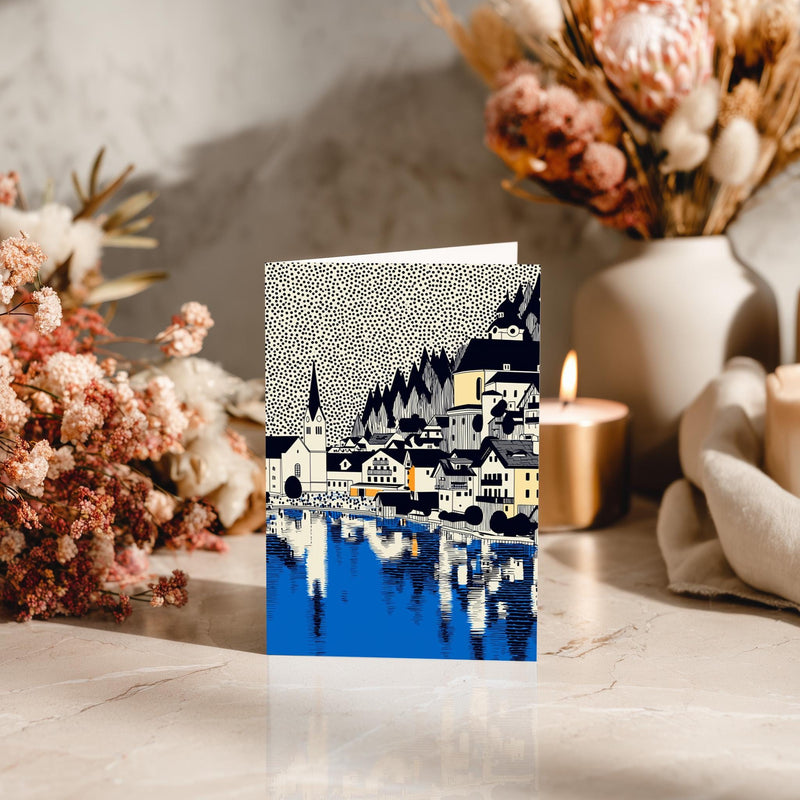 Hallstatt Austria Greeting Card, Scandinavian Style Minimal Travel Illustration Blank Card Art Gift