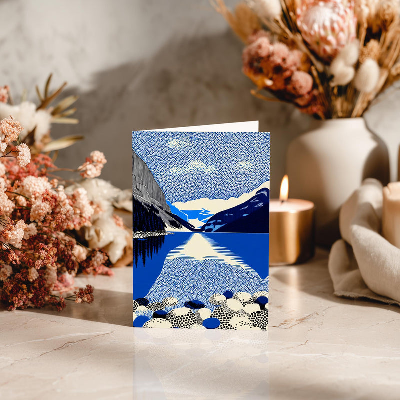Lake Louise Alberta Greeting Card, Scandinavian Style Minimal Travel Illustration Blank Card Art Gift