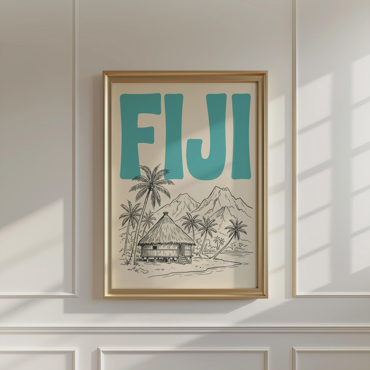 Fiji Wall Art, Minimalist Retro Travel Poster, Framed Canvas Print
