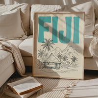 Fiji Wall Art, Minimalist Retro Travel Poster, Framed Canvas Print