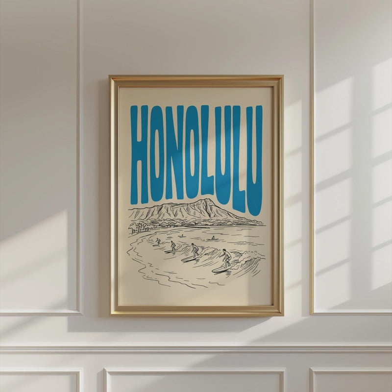 Honolulu Hawaii Wall Minimalist Art, Retro Waikiki Beach Framed Canvas Print
